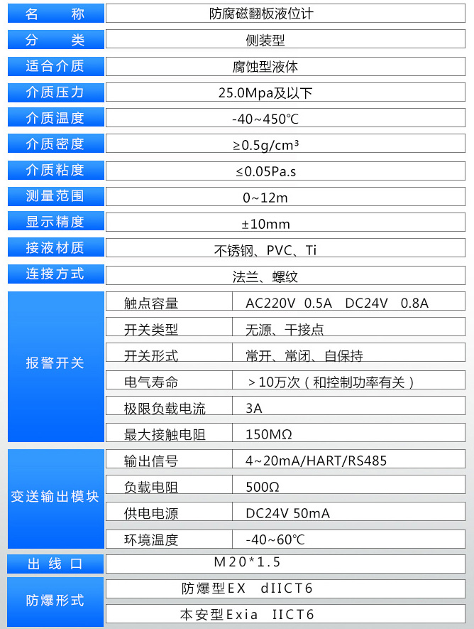 真空防霜磁翻板液位计技术参数对照表